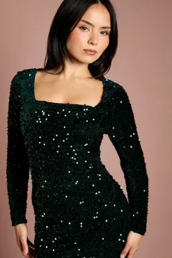 Robe Maxi Petite en Velours à Sequins, Manches Longues et Col Carré