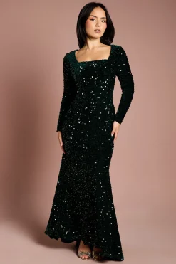 Robe Maxi Petite en Velours à Sequins, Manches Longues et Col Carré