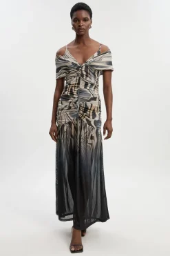 Robe Maxi Petite à Imprimé Marbre en Maille avec Décolleté Plongeant et Détails à Bretelles