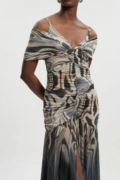 Robe Maxi Petite à Imprimé Marbre en Maille avec Décolleté Plongeant et Détails à Bretelles