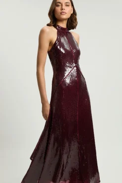 Robe Maxi Petite À Sequins Avec Encolure Licou Et Ourlet Mouchoir