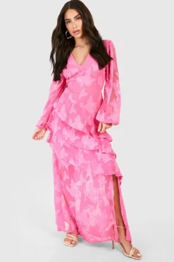 boohoo Robe Maxi Petite Taille À Détails Volantés Motif Floral Effet Délavé<Femme Toutes Les Robes|Robes Longues