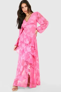 boohoo Robe Maxi Petite Taille À Détails Volantés Motif Floral Effet Délavé<Femme Toutes Les Robes|Robes Longues
