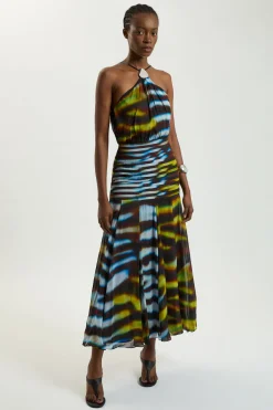 KarenMillen Robe Maxi Petite Taille En Georgette De Viscose Tissée À Col Licou Imprimé Animalier Avec Ourlet Asymétrique<Femme Toutes Les Robes|Robes