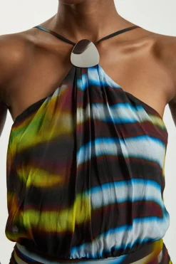KarenMillen Robe Maxi Petite Taille En Georgette De Viscose Tissée À Col Licou Imprimé Animalier Avec Ourlet Asymétrique<Femme Toutes Les Robes|Robes