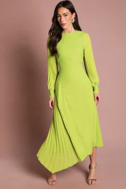 Robe Maxi Plissée en Crêpe à Manches Longues