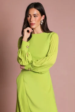 Robe Maxi Plissée en Crêpe à Manches Longues