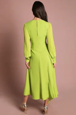 Robe Maxi Plissée en Crêpe à Manches Longues
