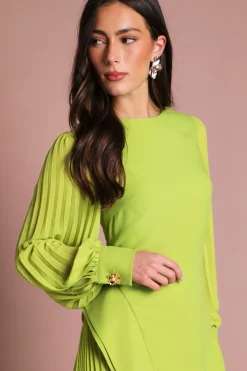 Robe Maxi Plissée en Crêpe à Manches Longues