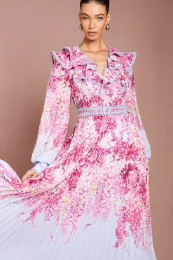 Robe Maxi Plissée à Imprimé Placé et Bordure en Dentelle