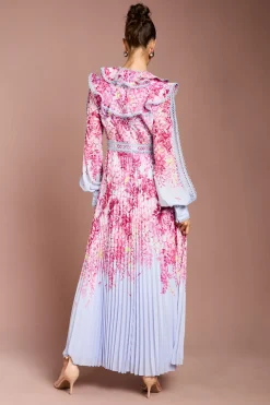 Robe Maxi Plissée à Imprimé Placé et Bordure en Dentelle