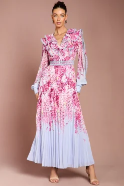 Robe Maxi Plissée à Imprimé Placé et Bordure en Dentelle