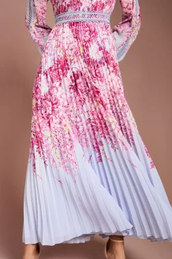 Robe Maxi Plissée à Imprimé Placé et Bordure en Dentelle