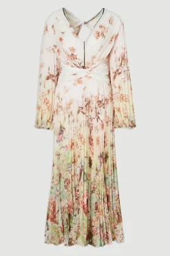 KarenMillen Robe Maxi Plissée à Motifs Floraux Éparpillés avec Manches Bouffantes et Découpes<Femme Robes À Manches Longues|Robes