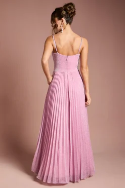 Robe Maxi Plissée Scintillante à Col V et Bretelles