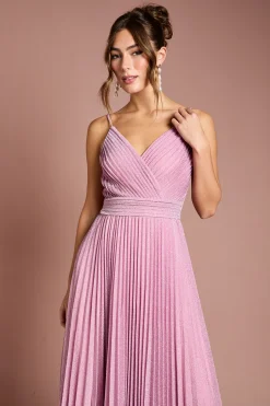 Robe Maxi Plissée Scintillante à Col V et Bretelles