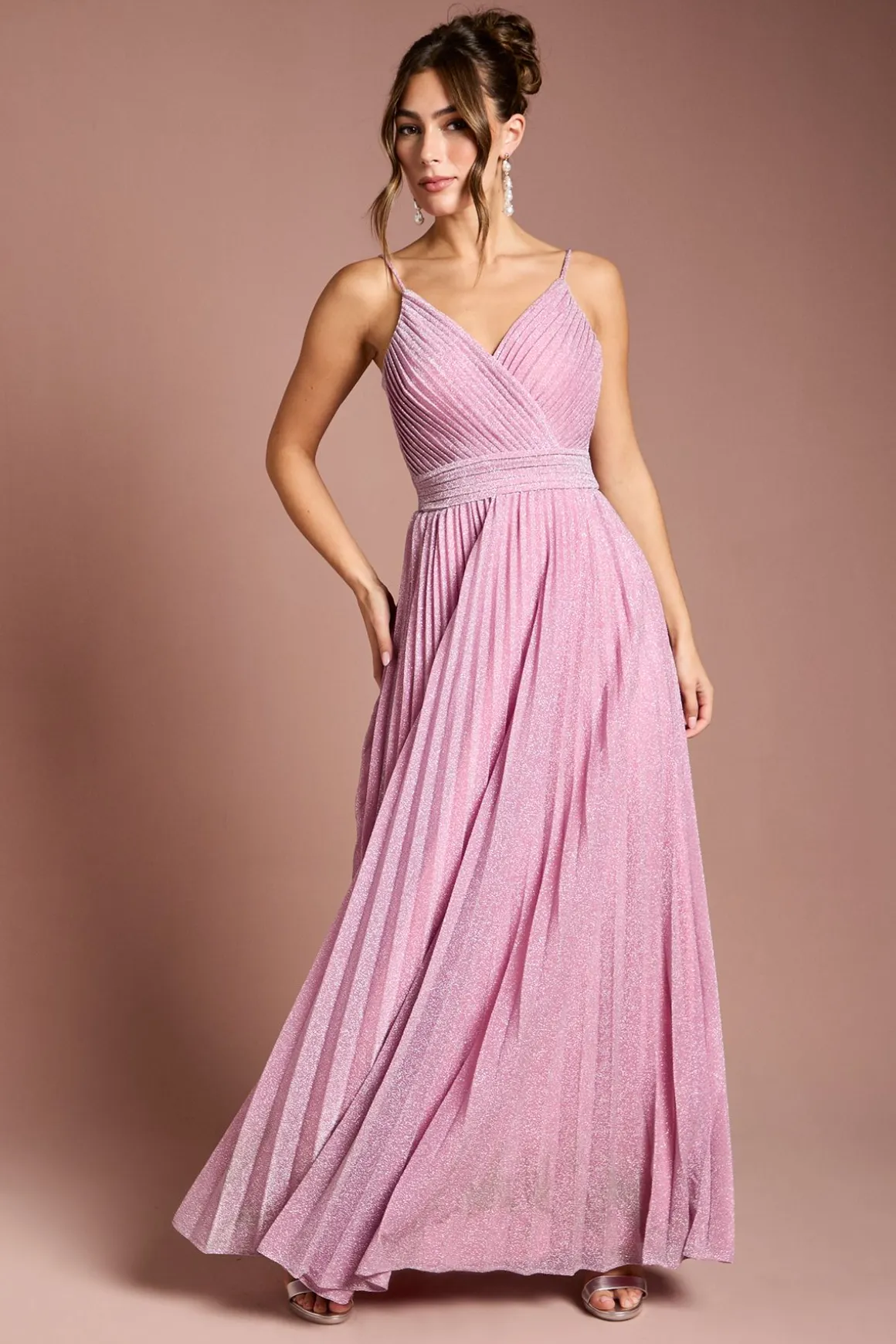 Robe Maxi Plissée Scintillante à Col V et Bretelles