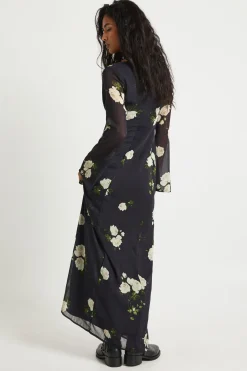 Robe Maxi Plongeante en Chiffon Floral