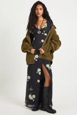 Robe Maxi Plongeante en Chiffon Floral