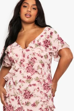 Robe Maxi Plus Dobby en Chiffon à Motif Floral et Détails à Volants