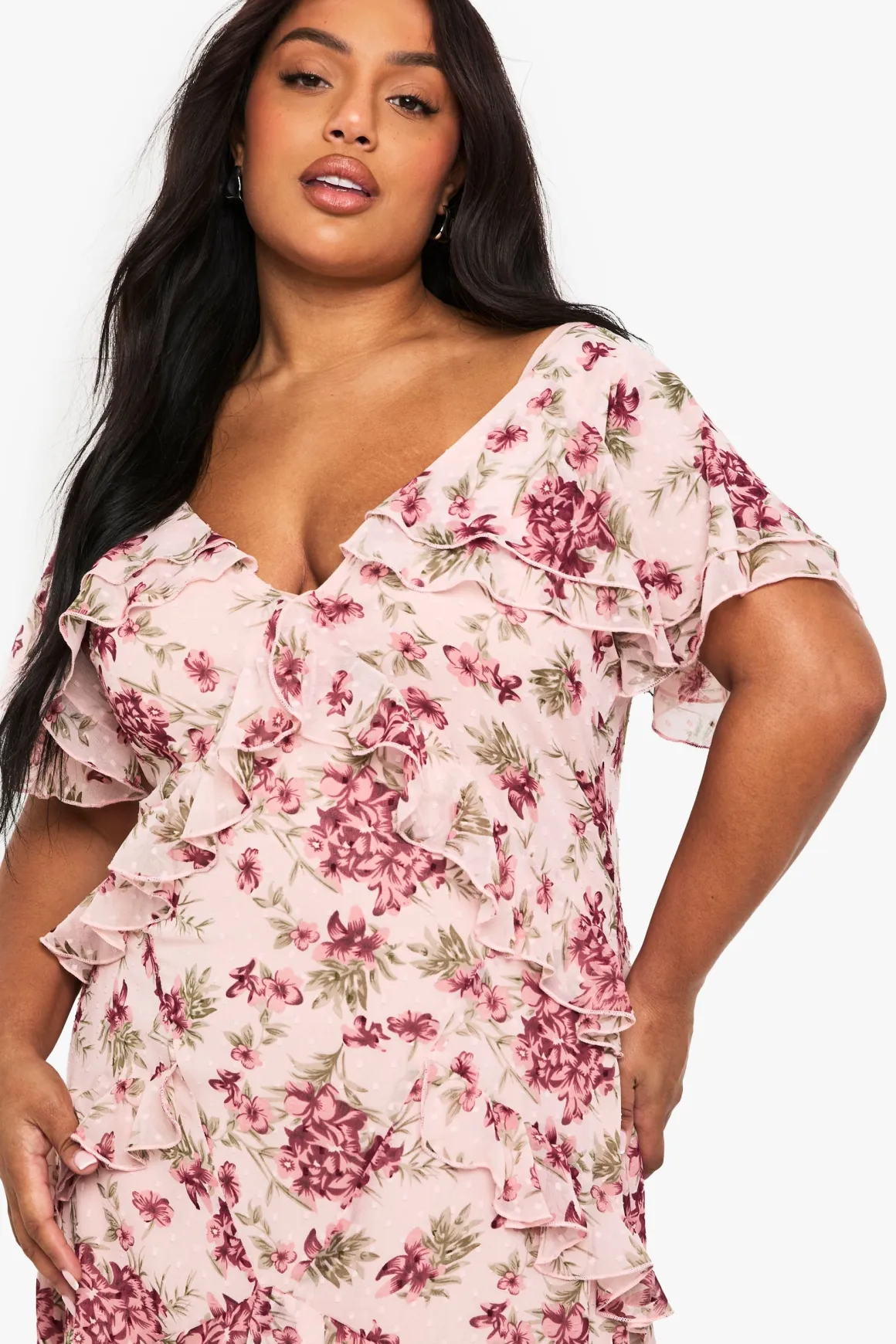 Robe Maxi Plus Dobby en Chiffon à Motif Floral et Détails à Volants