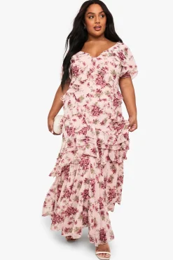 Robe Maxi Plus Dobby en Chiffon à Motif Floral et Détails à Volants