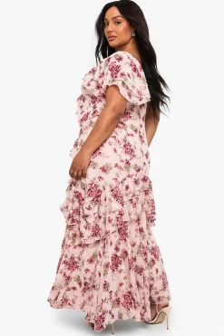 Robe Maxi Plus Dobby en Chiffon à Motif Floral et Détails à Volants