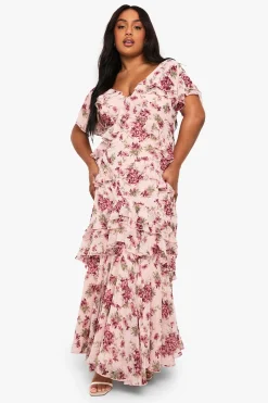 Robe Maxi Plus Dobby en Chiffon à Motif Floral et Détails à Volants