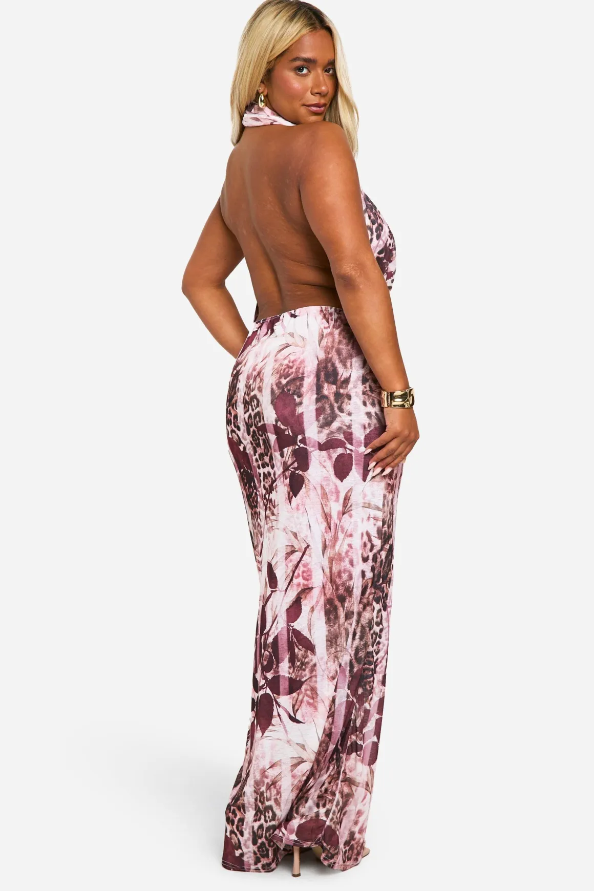 Robe Maxi Plus Taille Imprimé Animal à Encolure Halterneck