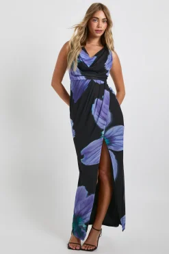 boohoo Robe maxi portefeuille en mesh floral à encolure drapée<Femme Robes Moulantes|Robes