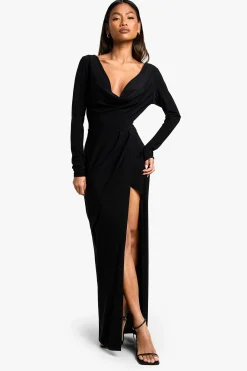 boohoo Robe maxi portefeuille à manches longues<Femme Robes À Manches Longues|Robes
