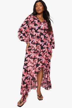 boohoo Robe Maxi Portefeuille à Volants Fleurie Plus<Femme Robes À Manches Longues|Robes