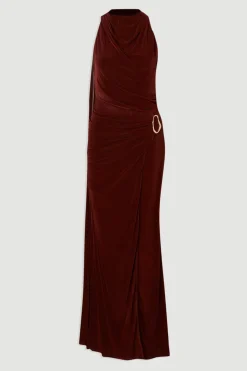 Robe Maxi Premium en Crêpe Soyeux à Col Montant avec Détail Foulard