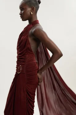Robe Maxi Premium en Crêpe Soyeux à Col Montant avec Détail Foulard