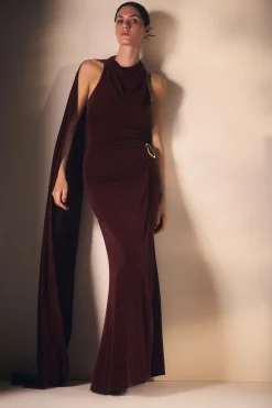 Robe Maxi Premium en Crêpe Soyeux à Col Montant avec Détail Foulard