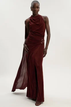 Robe Maxi Premium en Crêpe Soyeux à Col Montant avec Détail Foulard