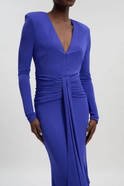 Robe Maxi Premium en Jersey Crêpe Stretch avec Col V et Détail Zip