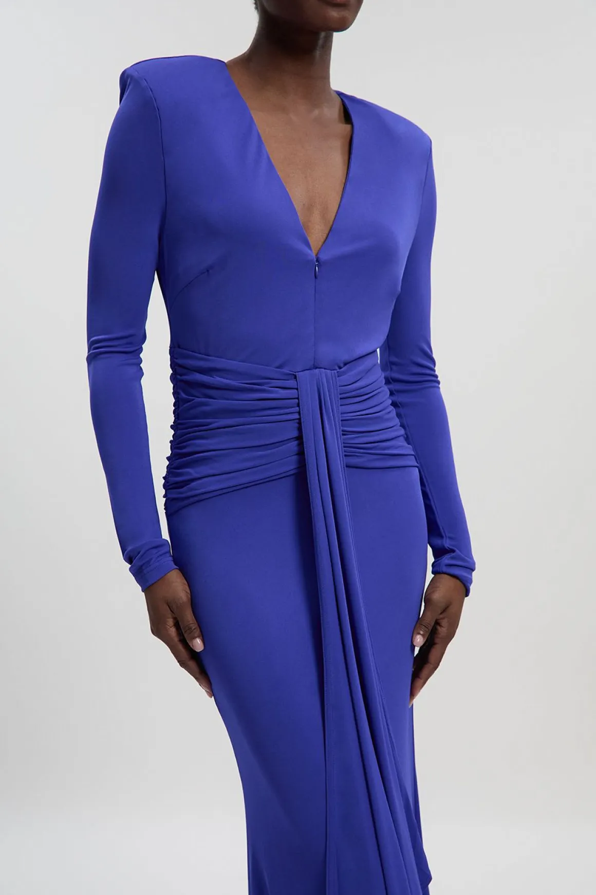 Robe Maxi Premium en Jersey Crêpe Stretch avec Col V et Détail Zip