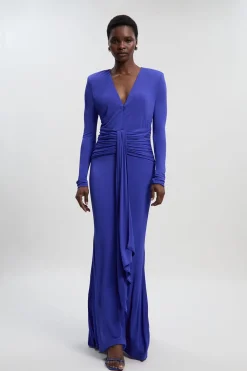 Robe Maxi Premium en Jersey Crêpe Stretch avec Col V et Détail Zip