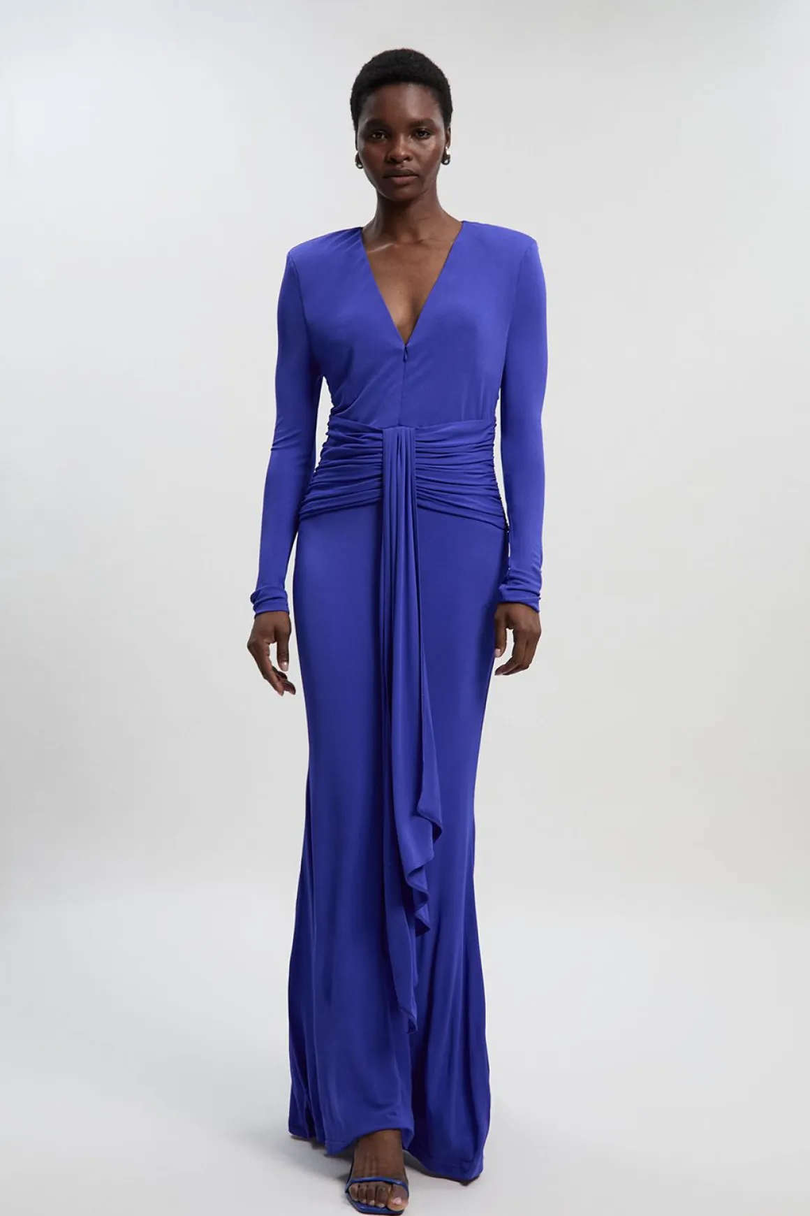 Robe Maxi Premium en Jersey Crêpe Stretch avec Col V et Détail Zip