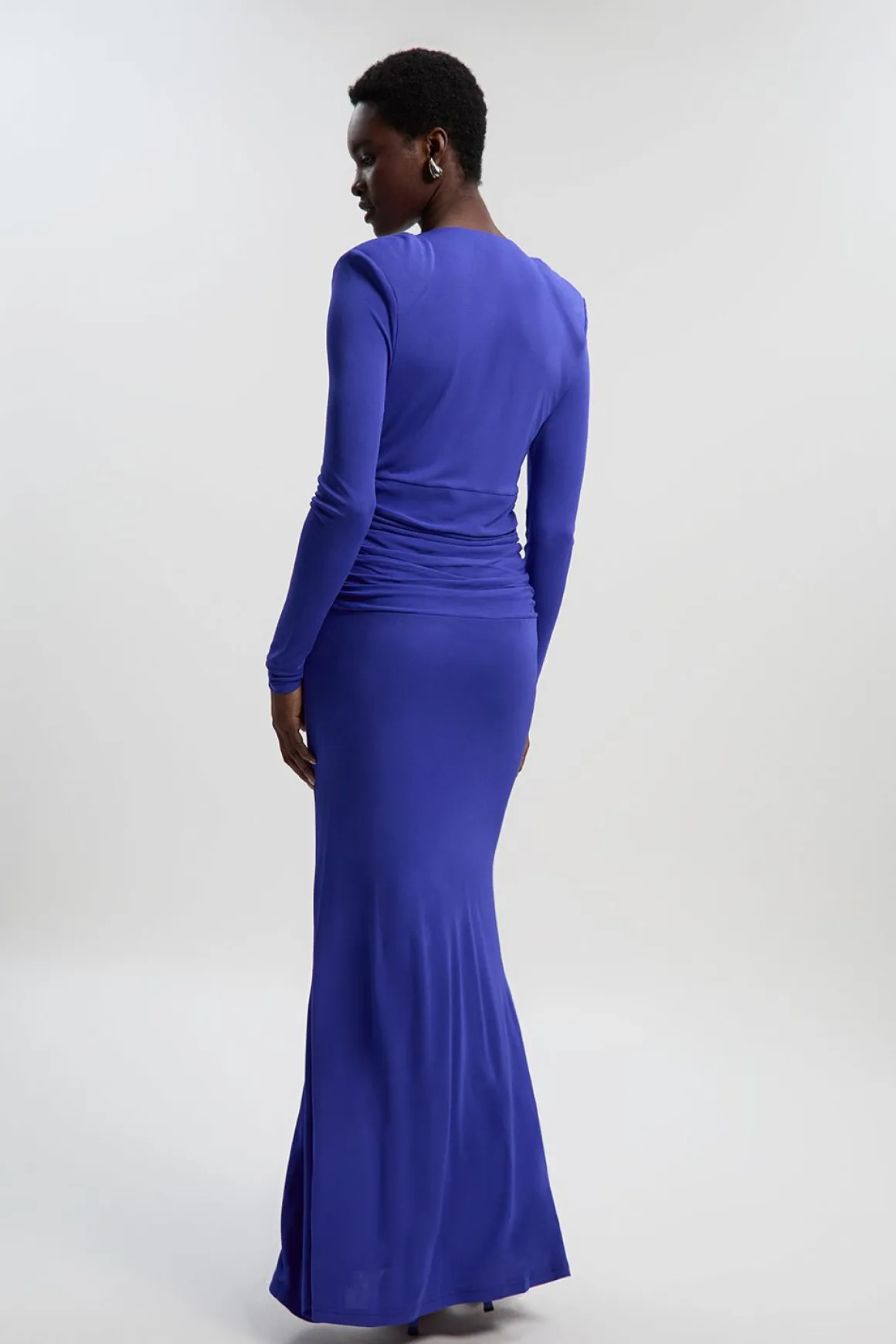 Robe Maxi Premium en Jersey Crêpe Stretch avec Col V et Détail Zip