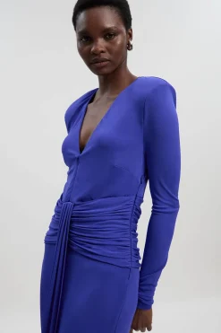 Robe Maxi Premium en Jersey Crêpe Stretch avec Col V et Détail Zip