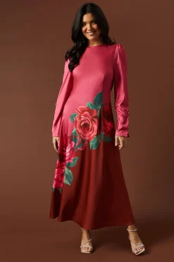 Robe Maxi Premium en Satin à Imprimé Placé avec Détails Boutonnés