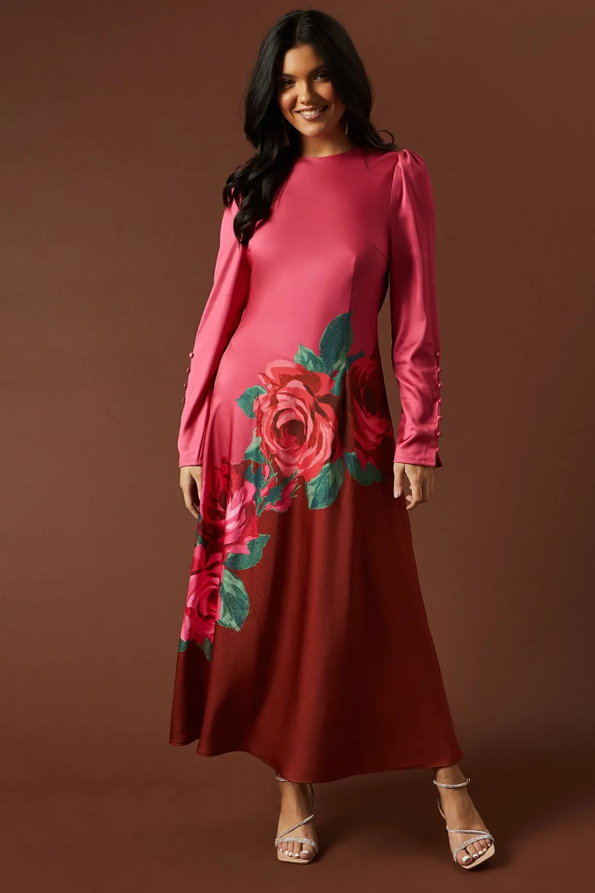 Robe Maxi Premium en Satin à Imprimé Placé avec Détails Boutonnés