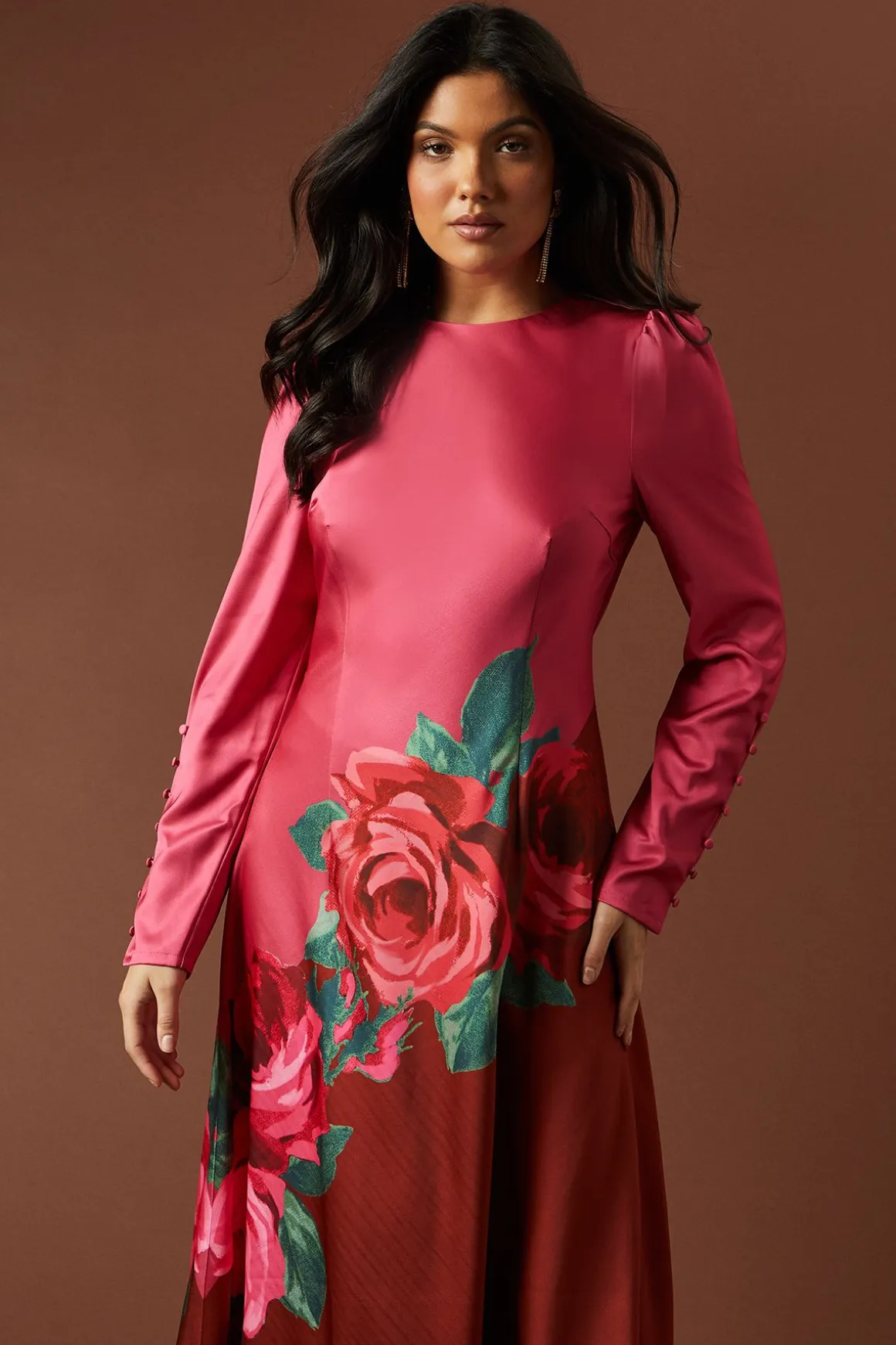 Robe Maxi Premium en Satin à Imprimé Placé avec Détails Boutonnés