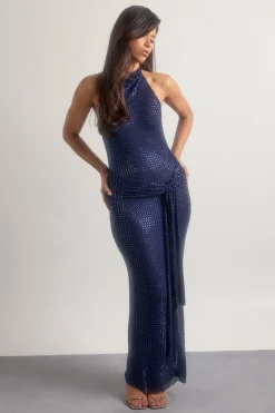 Robe maxi premium à fixation à chaud en tissu transparent noué à l'avant