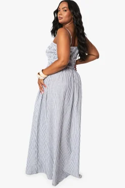 ROBE MAXI À RAYURES EN GRANDES TAILLES, FRONCÉE, À FINES BRETELLES