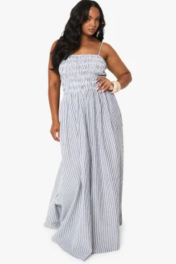 ROBE MAXI À RAYURES EN GRANDES TAILLES, FRONCÉE, À FINES BRETELLES