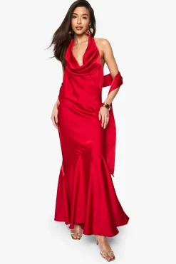 Robe Maxi Satin à Encolure Halterneck