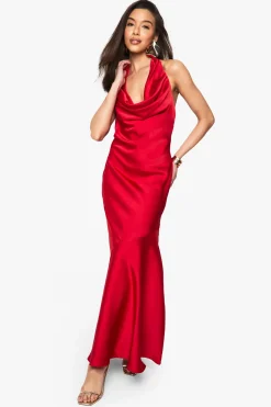 Robe Maxi Satin à Encolure Halterneck